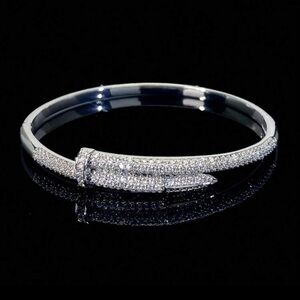 18K Silver Plated Nail Bangle Bracelet with CZ Pave | Luxury Statement Jewelry